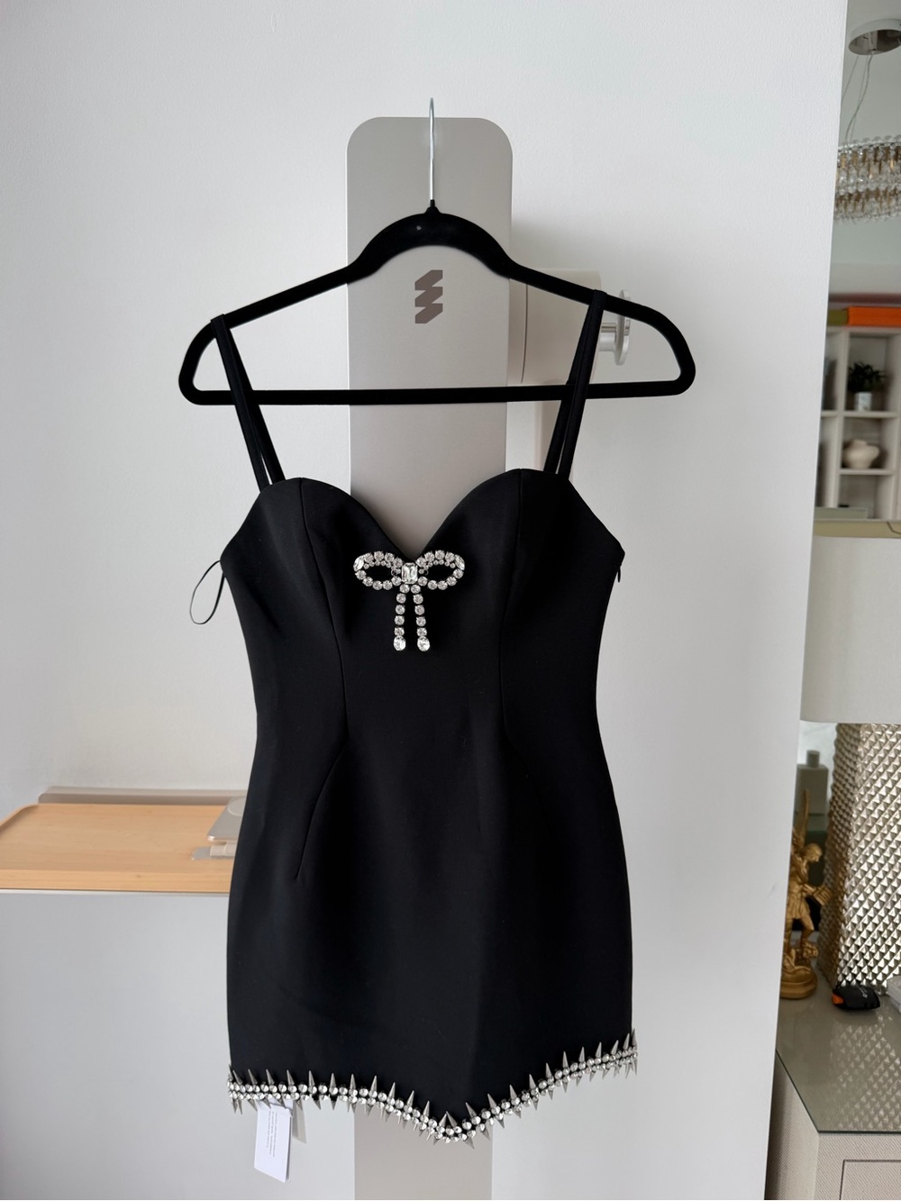 AREA Black Mini Dress with Crystal Bow and Hem Trim